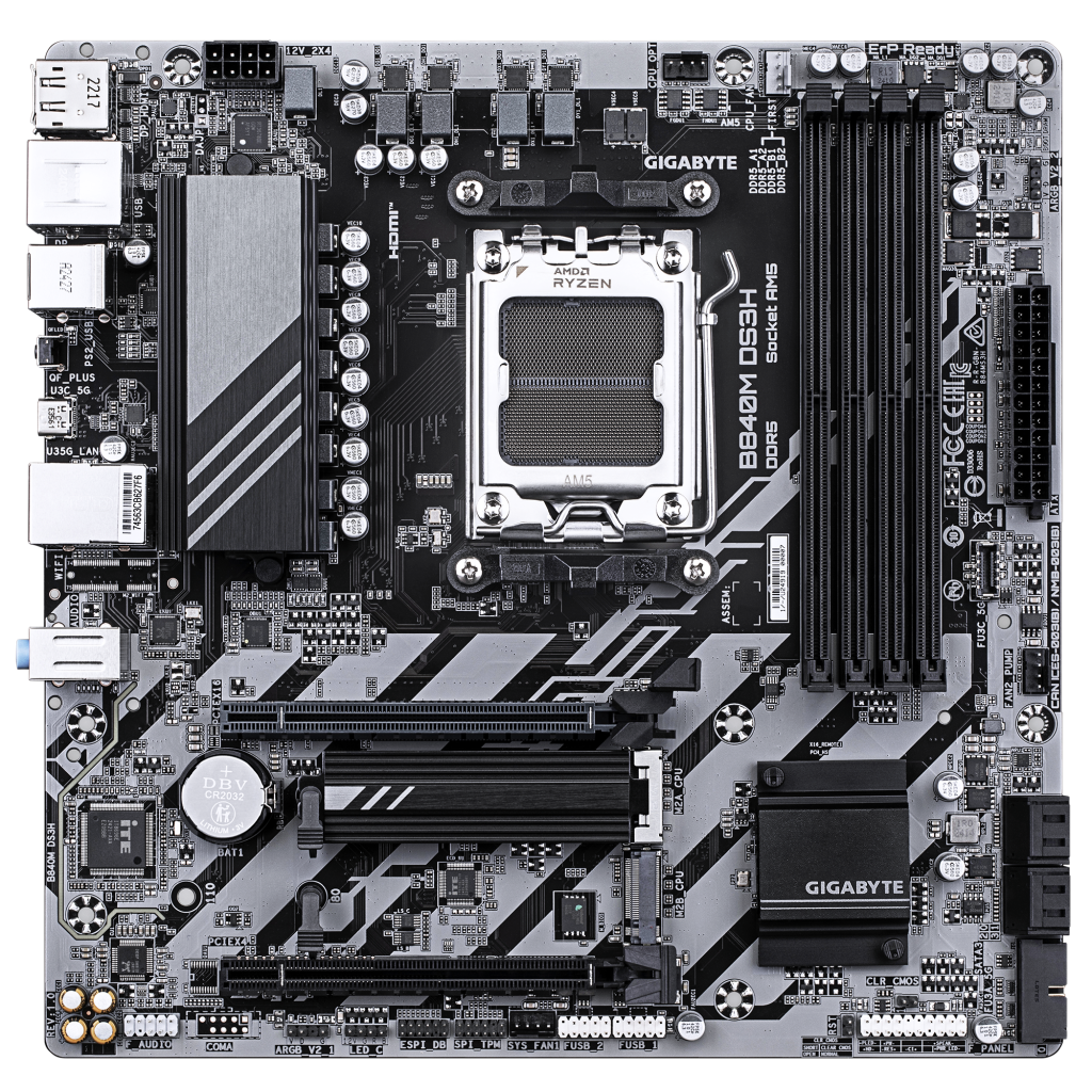 GIGABYTE B840M DS3H, 4xDDR5, 2xM.2, 2xDP, HDMI, Type-C, AM5 Soket GAMING Anakart