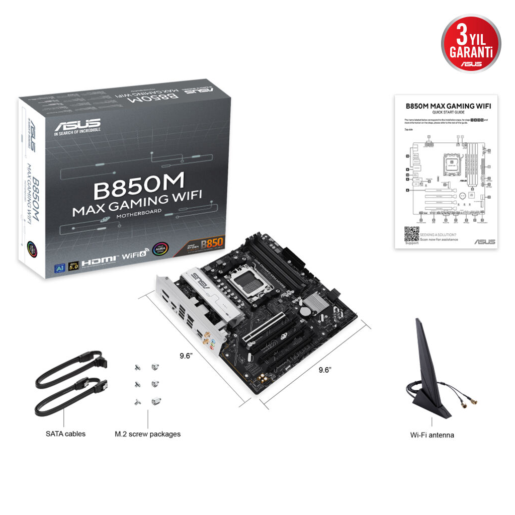 ASUS B850M MAX GAMING WIFI, 4xDDR5, 3x M2, HDMI, DP, Type-C, Wi-Fi 6, Bluetooth v5.4, AM5 Soket GAMING Anakart