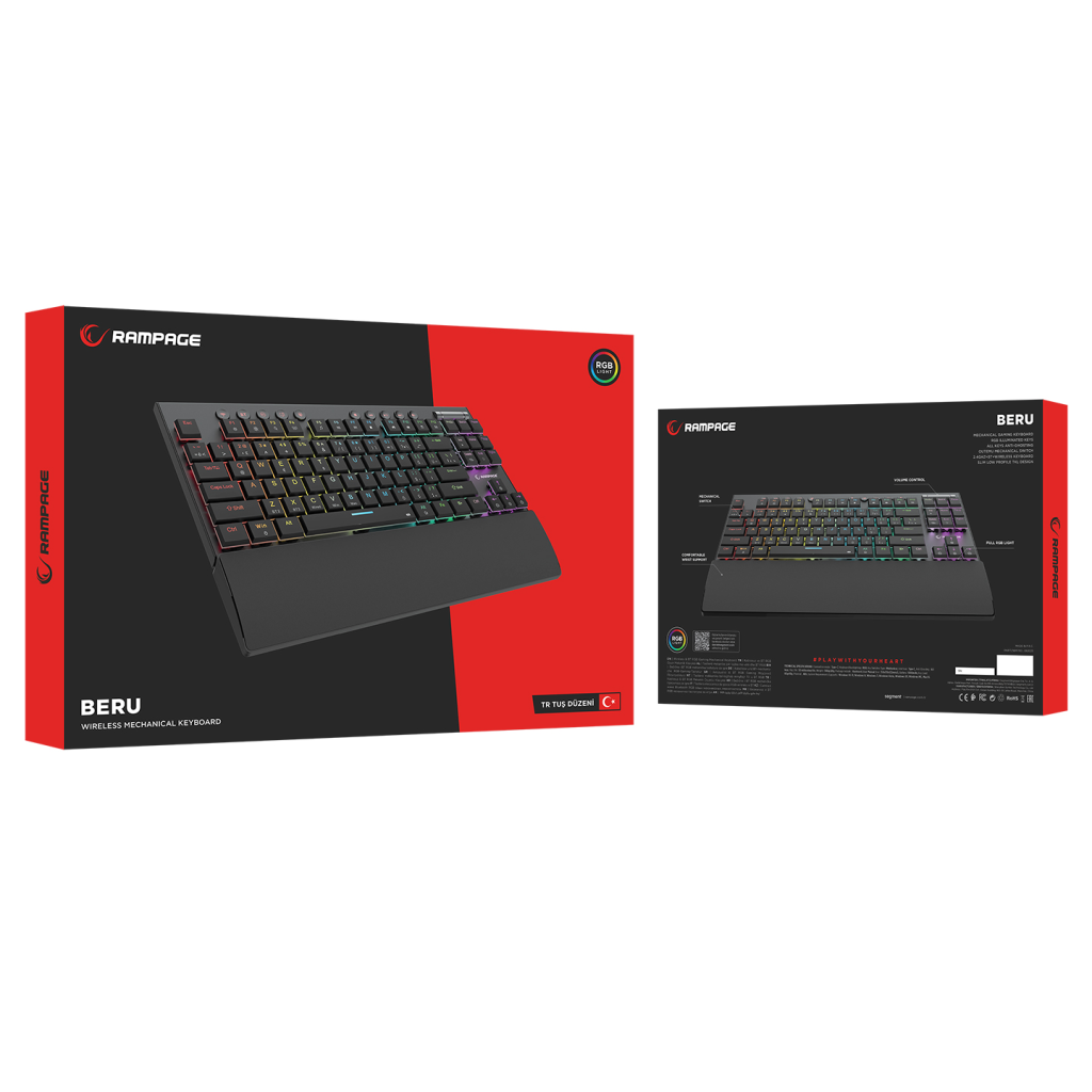 RAMPAGE BERU, Siyah, 2.4Ghz ve Bluetooth Kablosuz, RGB Lighting, RED Switch MECHANICAL, ABS Case, 1000mAh Bataryalı Gaming Klavye