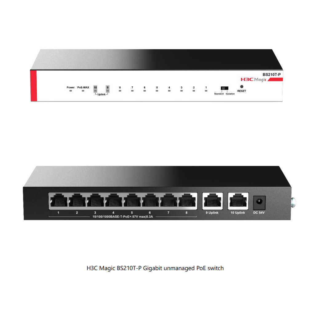 H3C Magic BS210T-P, 10 Port, GigaBit, 8 Port PoE, 57W, +2 Port GigaBit Uplink, Metal Kasa, Yönetilemez, Masaüstü Switch