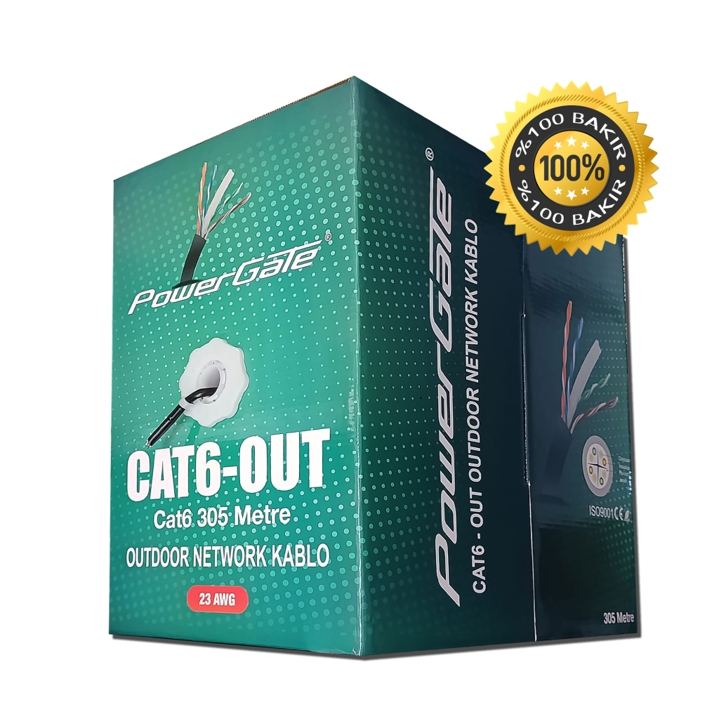 POWERGATE CAT6-OUT-COPPER, Outdoor (Dış Mekan), Polietilen, 23AWG 0.57mm, UTP, CAT6, %100 Bakır Kablo, 305m, Siyah