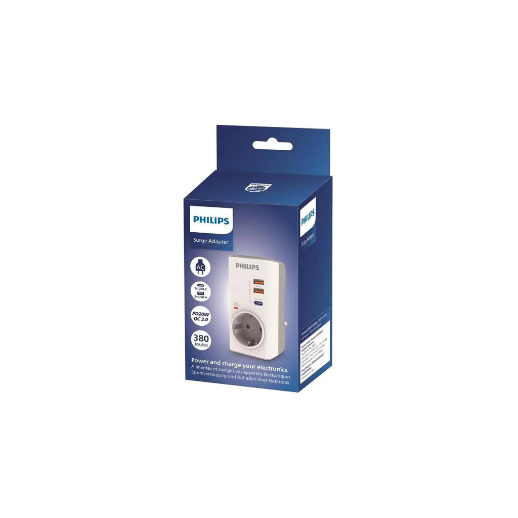 PHILIPS CHP8010W/10, Tekli, Akım Korumalı Priz, 380 Joules, PD 20W Hızlı Şarj, 1xUSB-C, 2xUSB-A, (Beyaz)