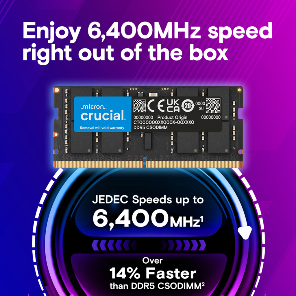 CRUCIAL CT16G64C52CS5, 16Gb, 6400Mhz, DDR5, CL52,  SODIMM, Notebook RAM (By Micron)