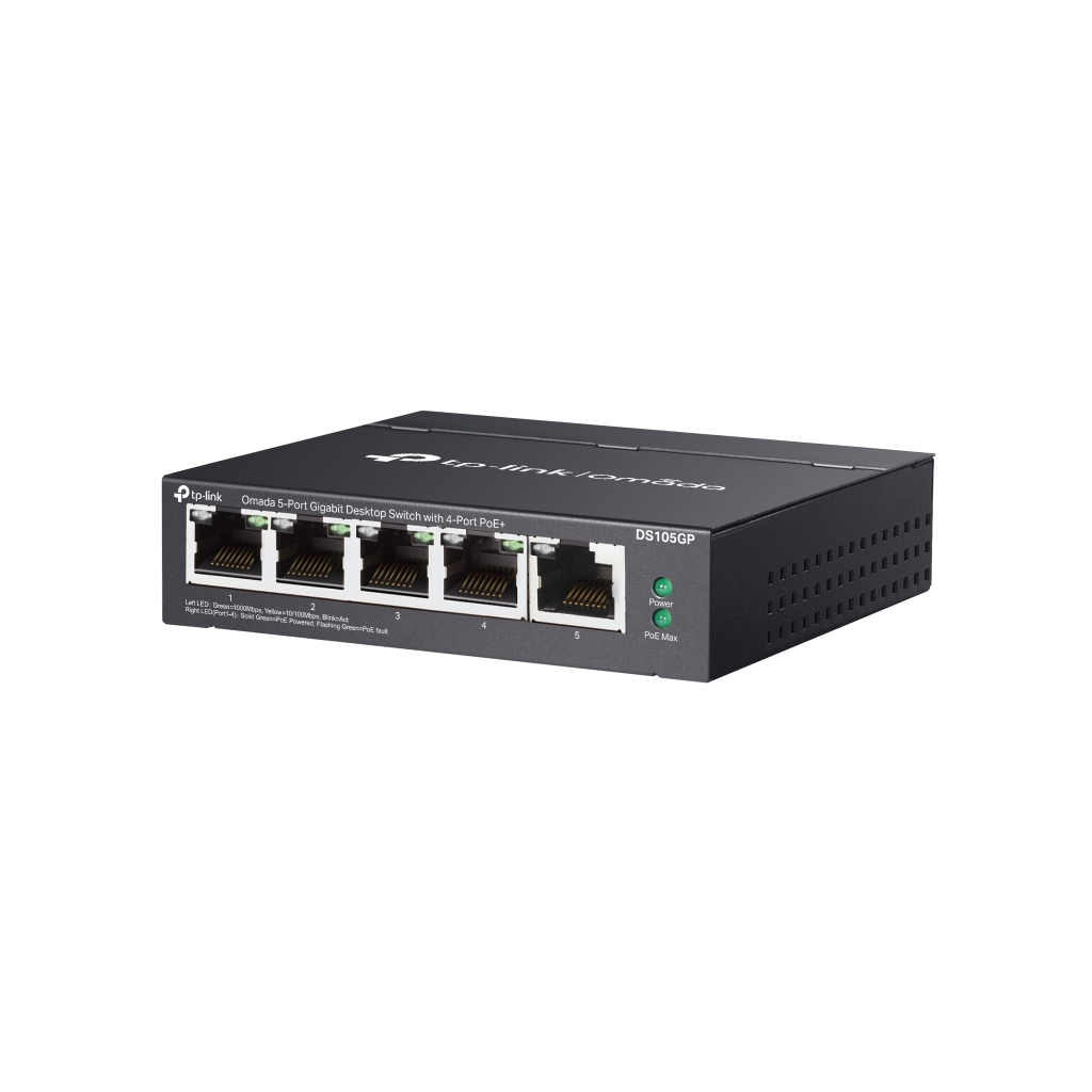 OMADA DS105GP, 5 Port Gigabit,  4 Port Gigabit PoE+, 65W, Yönetilemez, Masaüstü/Vesa Metal Kasa Sessiz Switch