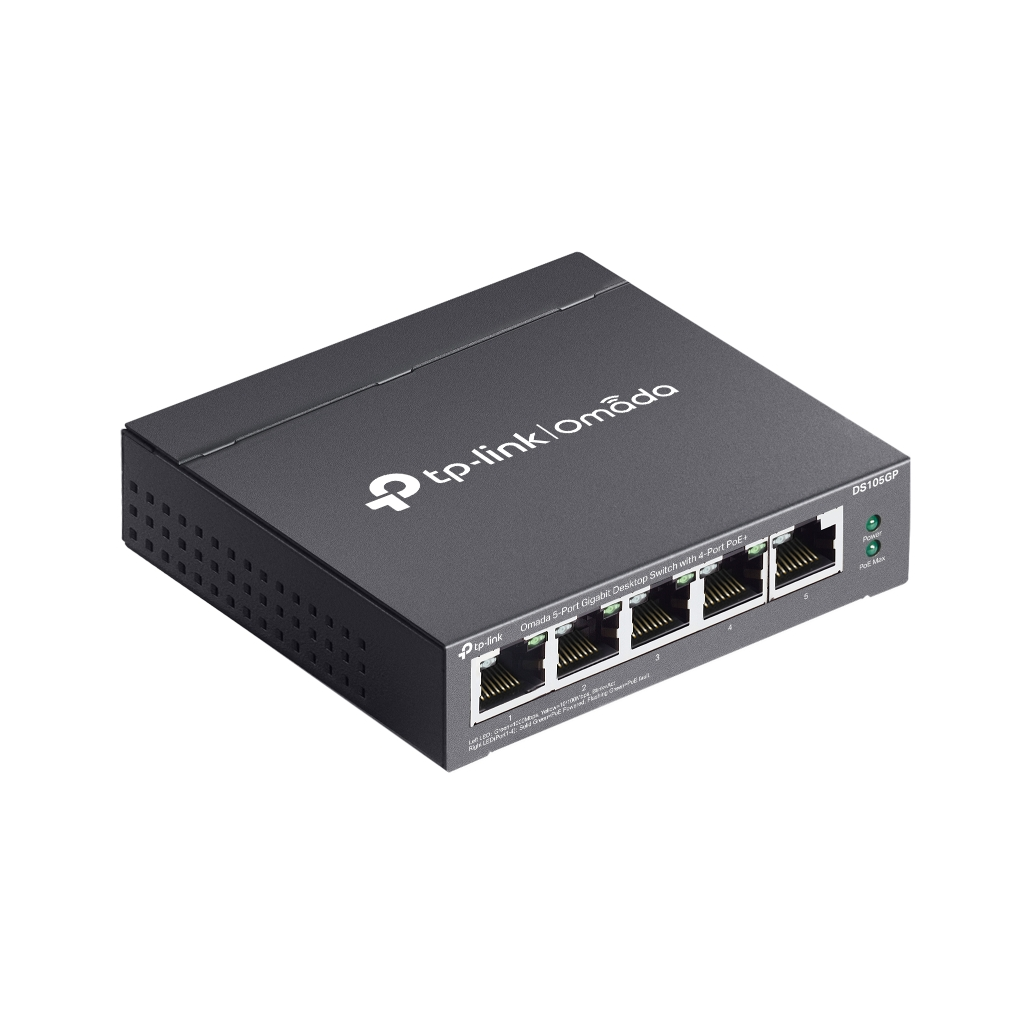 OMADA DS105GP, 5 Port Gigabit,  4 Port Gigabit PoE+, 65W, Yönetilemez, Masaüstü/Vesa Metal Kasa Sessiz Switch