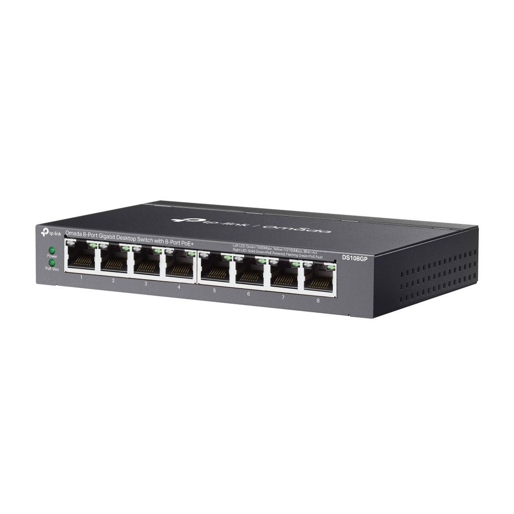 OMADA DS108GP, 8 Port Gigabit,  8 Port Gigabit PoE+, 65W, Yönetilemez, Masaüstü/Vesa Metal Kasa Sessiz Switch