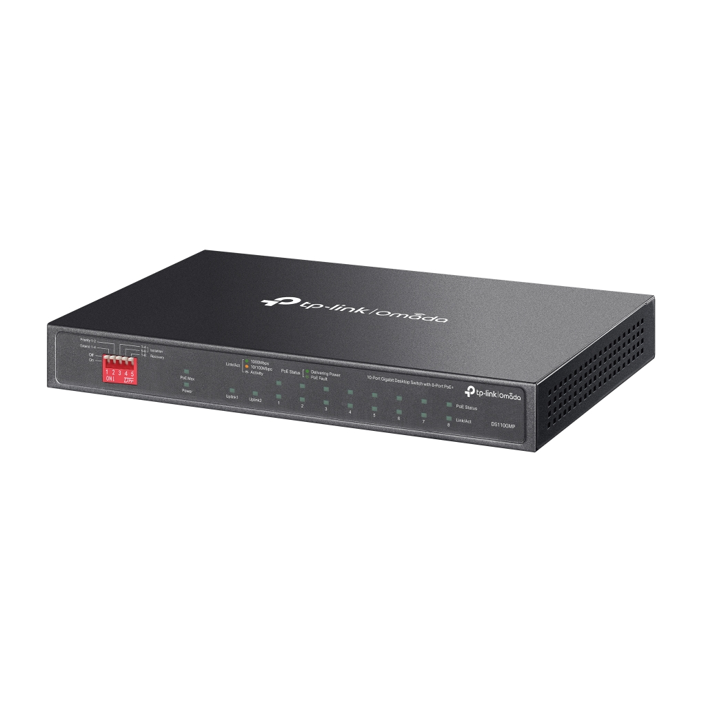 OMADA DS110GMP, 10 Port Gigabit,  8 Port Gigabit PoE+, 123W, 1 Port Combo Gigabit SFP, Yönetilemez, Metal Kasa Masaüstü Sessiz Switch