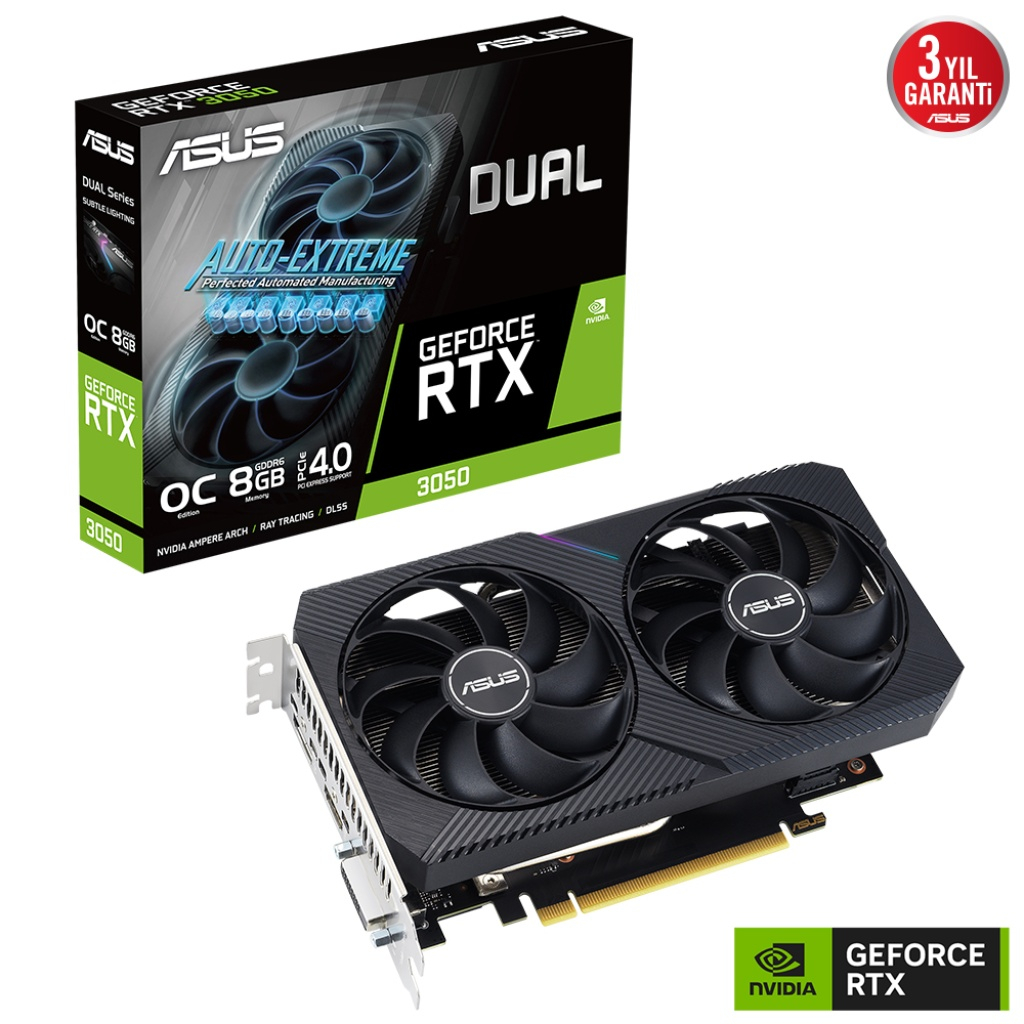ASUS DUAL-RTX3050-O8G-V2, 8GB, GDDR6, 128Bit, 1xHDMI, 1xDP, 1xDVI, GAMING Ekran Kartı
