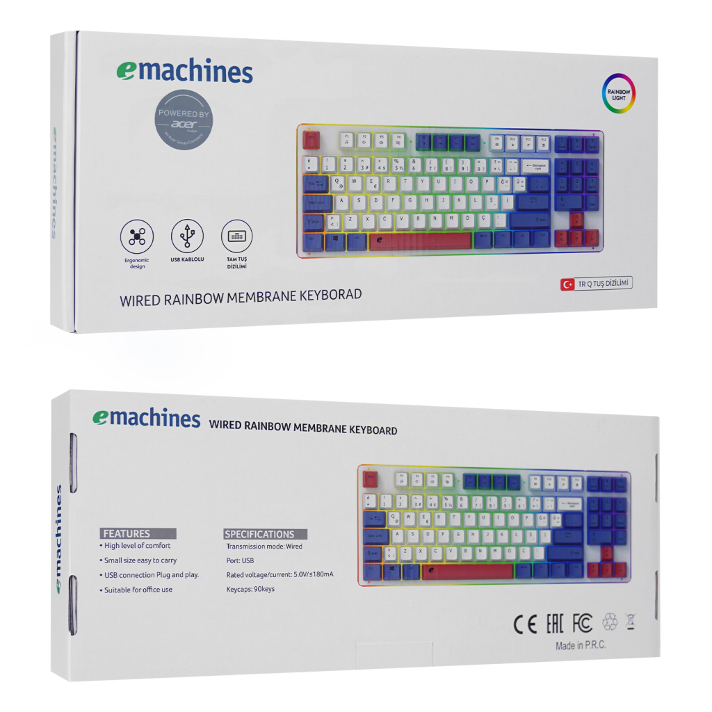 ACER eMachines, EAK216, Beyaz, USB Kablolu, Rainbow Backlight, Membran Renkli Tuşlar, Türkçe Q, 90 Tuşlu, Gaming Klavye