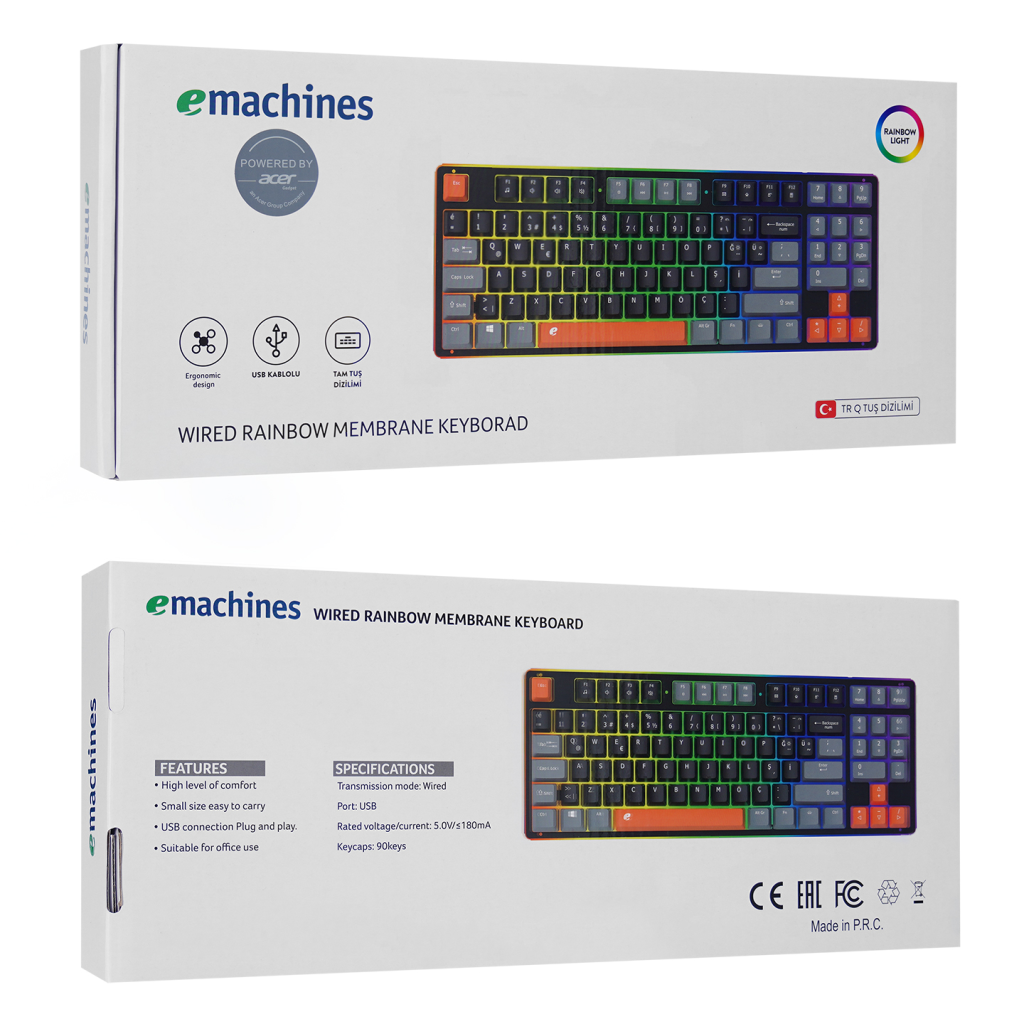 ACER eMachines, EAK216, Siyah, USB Kablolu, Rainbow Backlight, Membran Renkli Tuşlar, Türkçe Q, 90 Tuşlu, Gaming Klavye