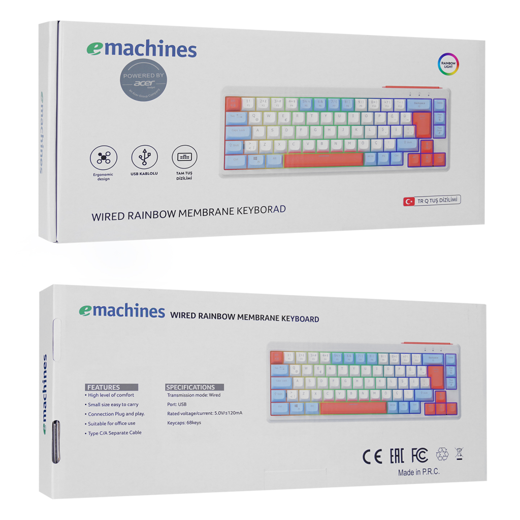 ACER eMachines, EAK810, Beyaz, USB Kablolu, Rainbow Backlight, Membran Renkli Tuşlar, Türkçe Q, 68 Tuşlu, Gaming Klavye