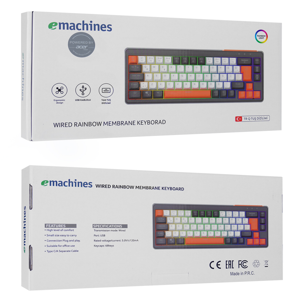 ACER eMachines, EAK810, Siyah, USB Kablolu, Rainbow Backlight, Membran Renkli Tuşlar, Türkçe Q, 68 Tuşlu, Gaming Klavye