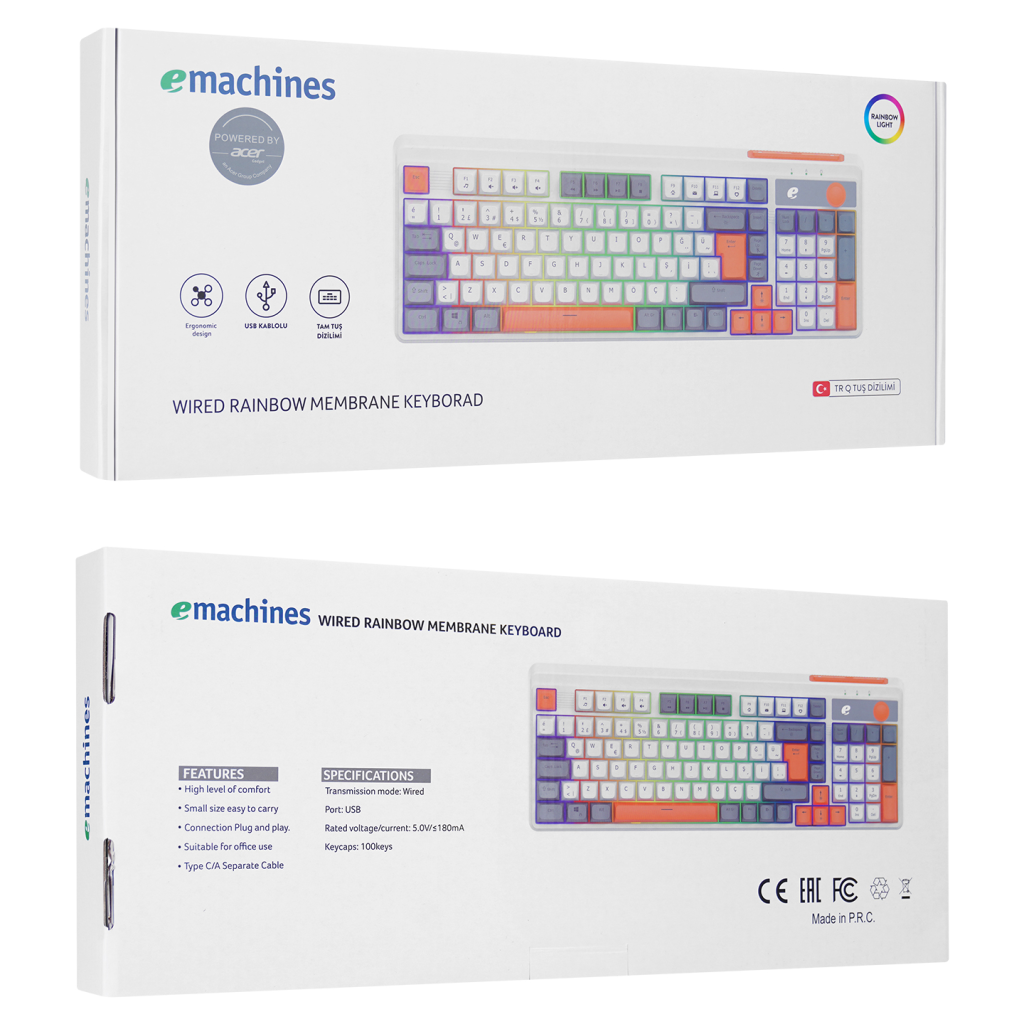 ACER eMachines, EAK860, Beyaz, USB Kablolu, Rainbow Backlight, Membran Renkli Tuşlar, Türkçe Q, 100 Tuşlu, Gaming Klavye