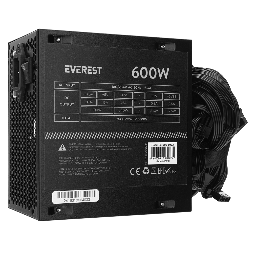 EVEREST EPS-600A, Peak 600W, 12cm Fan, ATX, Aktif PFC, GAMING Power Supply (PSU) Bulk