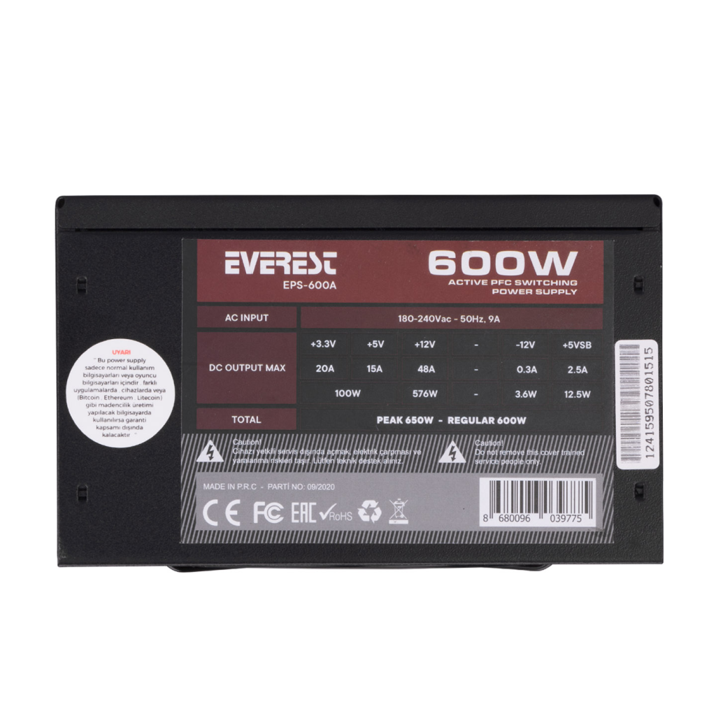 EVEREST EPS-600A, 600W, 12cm Fan, ATX, Aktif PFC, GAMING Power Supply (PSU)