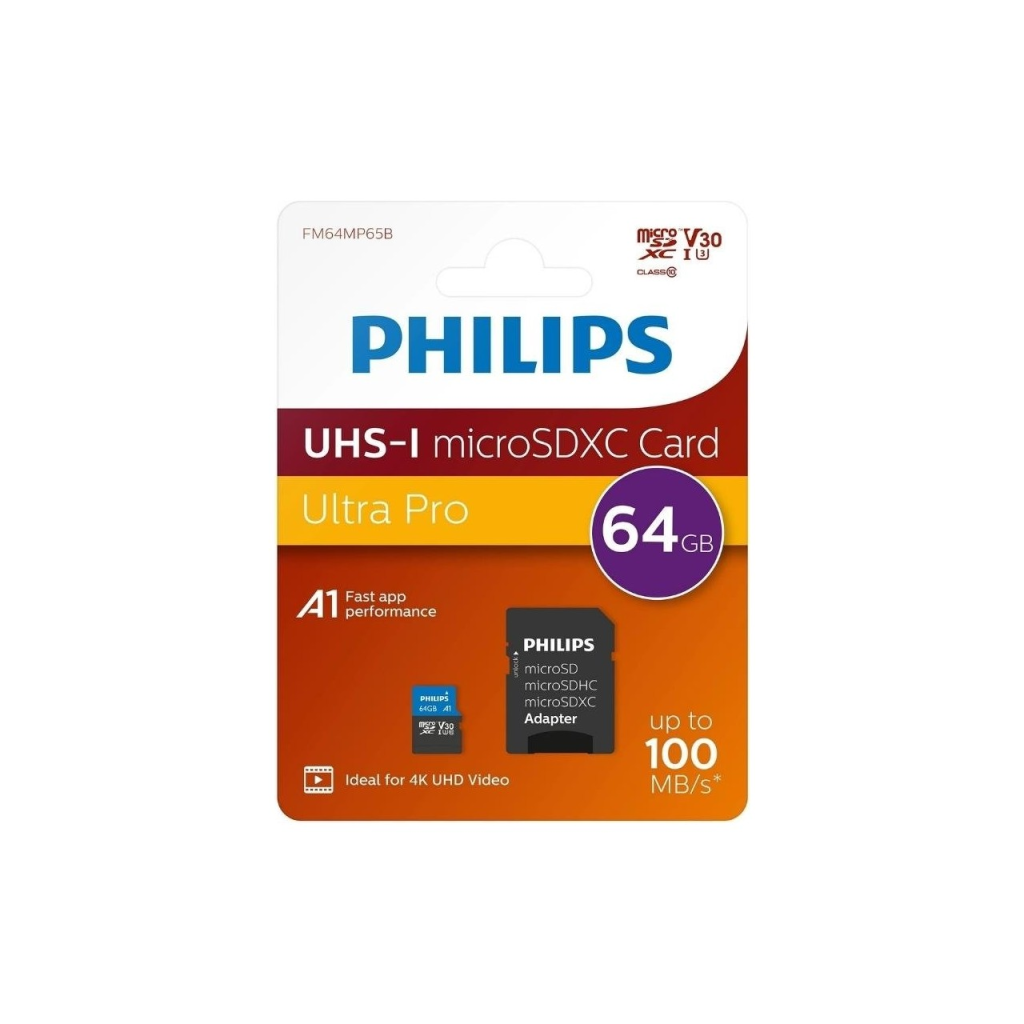 PHILIPS FM64MP65B, 64GB, SDXC, UHS-I, Class10, MicroSD Kart Bellek (SD Adaptörlü)