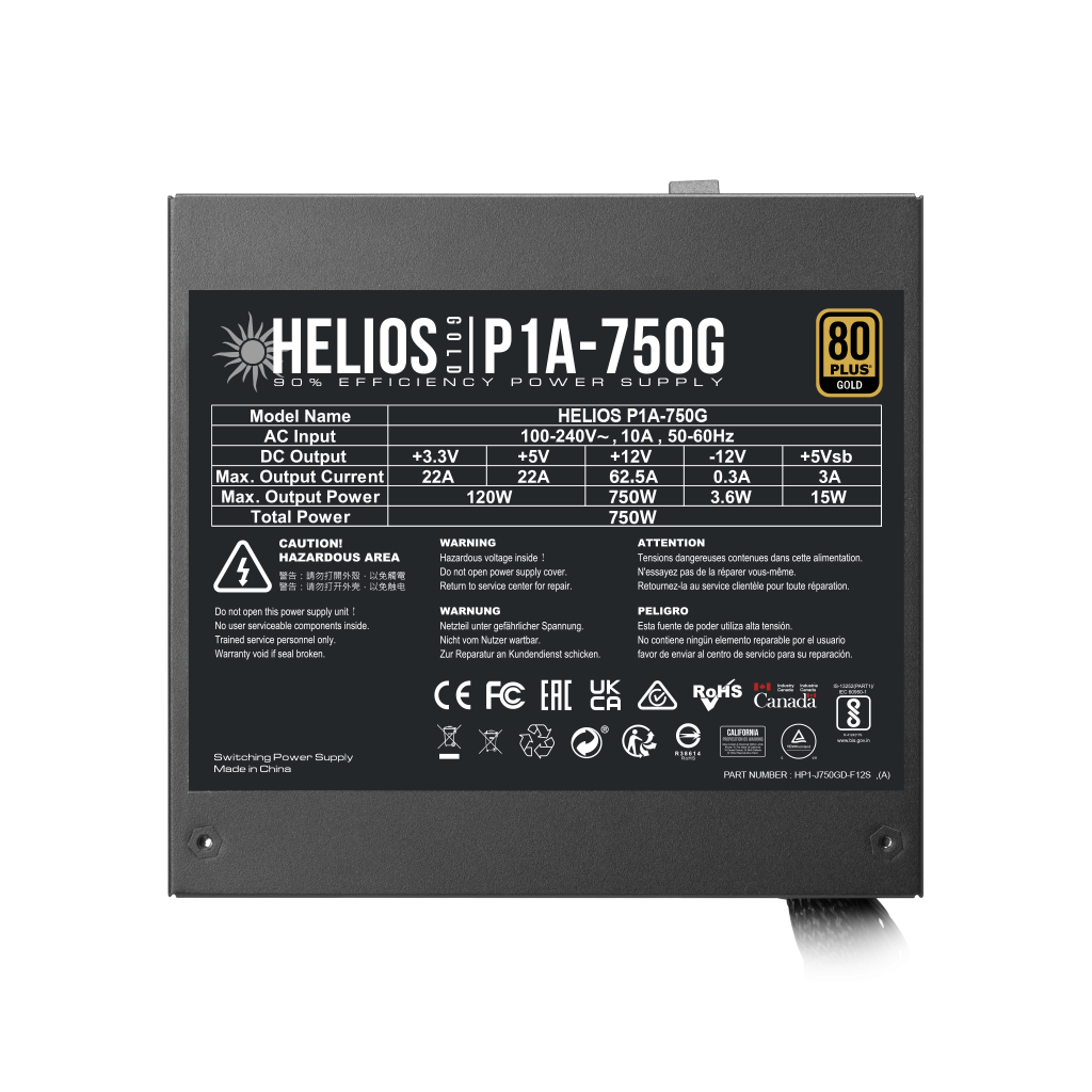 GAMDIAS HELIOS P1A-750G, 750W, 80+ Gold, Aktif PFC, GAMING, ATX, Power Supply (PSU)