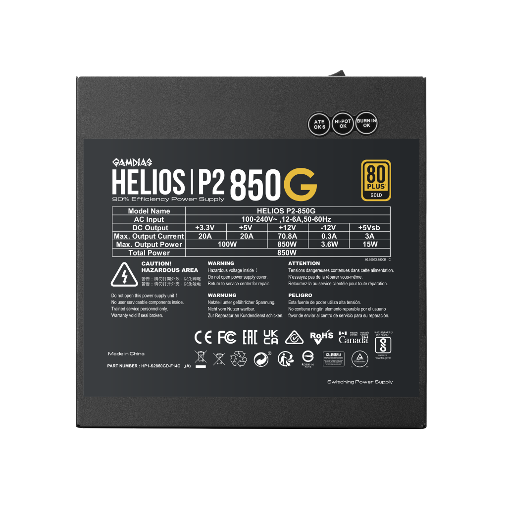 GAMDIAS HELIOS P2-850G, 850W, 80+ Gold, Full Modüler, Aktif PFC, GAMING, ATX, Power Supply (PSU)