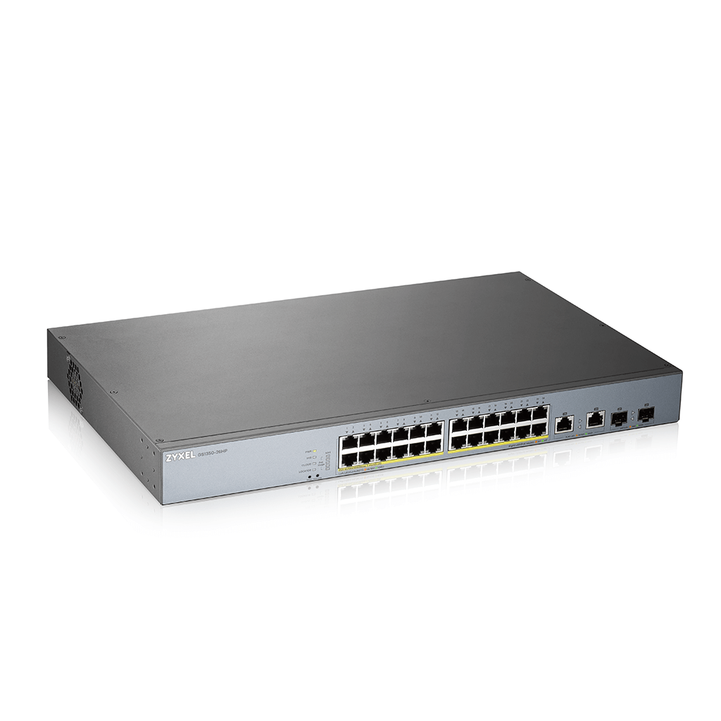 ZyXEL GS1350-26HP, 26 Port, GigaBit, 24 Port PoE 375W, +2Port GigaBit SFP, Yönetilebilir, Rackmount CCTV Switch