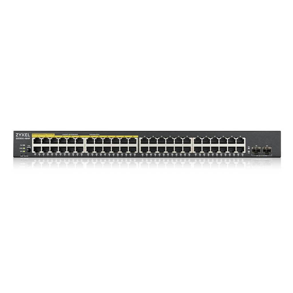 ZyXEL GS1900-48HP V2, 48Port, Gigabit, 24 Port PoE 170W, +2Port GigaBit SFP, Yönetilebilir, Rackmount Switch