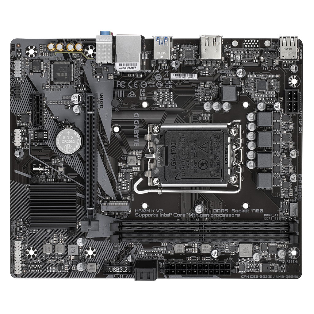 GIGABYTE H610M K V2, rev.1.0, 2xDDR5, M.2, DP, HDMI, 12-13.Nesil, LGA1700 Soket, Anakart