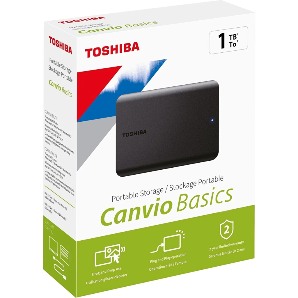 TOSHIBA HDTB510EK3AA, Canvio Basic, 1TB, 2.5&quot; USB 3.2, Taşınabilir, Harici HDD, (Black)
