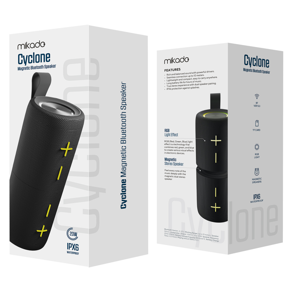 MIKADO MD-51BT, 20W, Taşınabilir, AUX/BT/TF/TWS, RGB Işıklı, 1800mAh + 1800mAh, IPX66 Su Geçirmez, Mıknatıslı, Ayrılabilir 2 Parça, Bluetooth Speaker (Siyah)