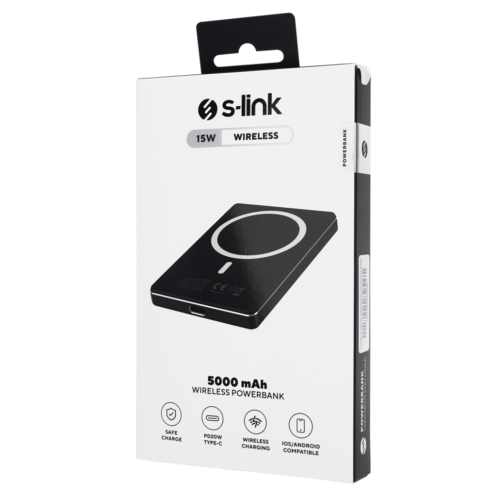 S-LINK MG105, Magsafe, Siyah, 5.000mAh, 2xType-C, 4 LED Göstergeli, PowerBank