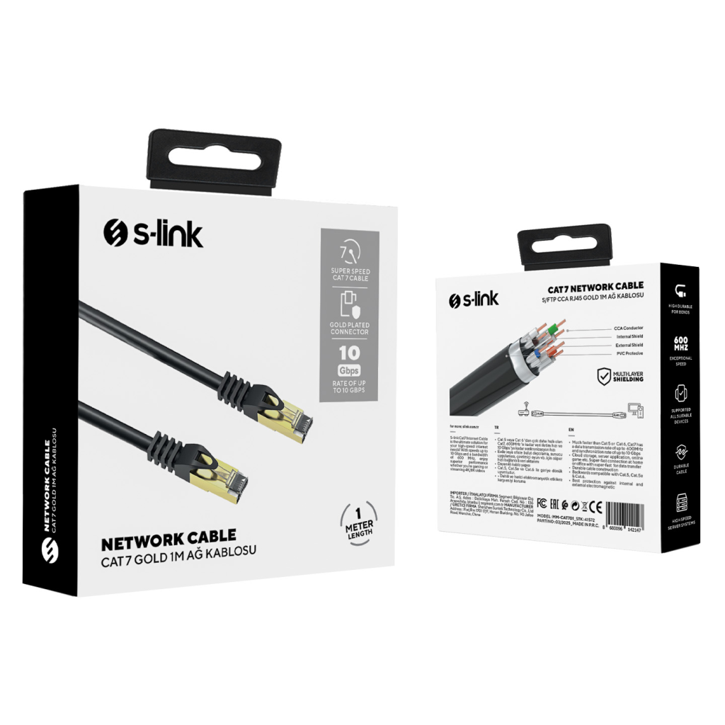 S-LINK MM-CAT701, CAT7, Patch, 1Mt, Gold Uçlu,   FTP, CCA, Ağ Bağlantı Kablosu (Siyah)
