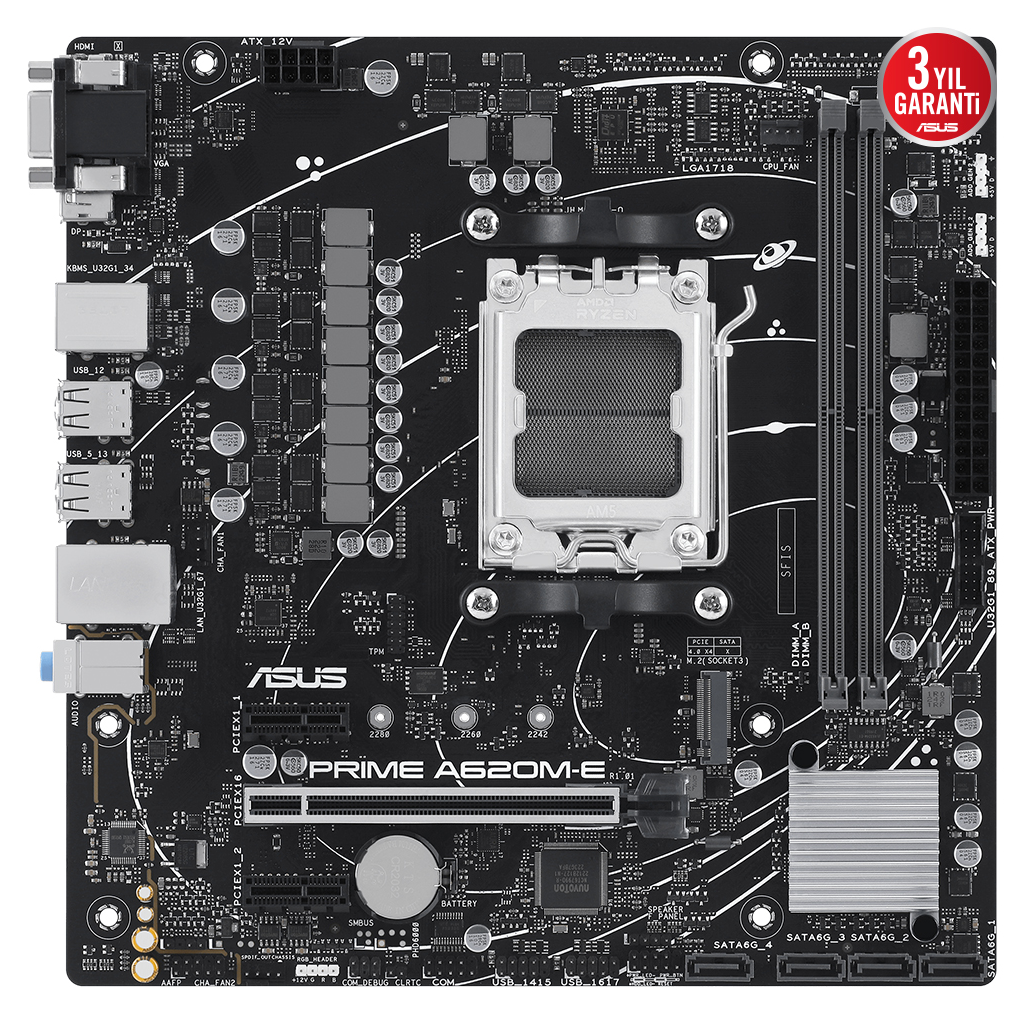 ASUS PRIME A620M-E-CSM, 2xDDR5, 1x M.2, D-SUB, DP, HDMI, AM5 Soket Anakart