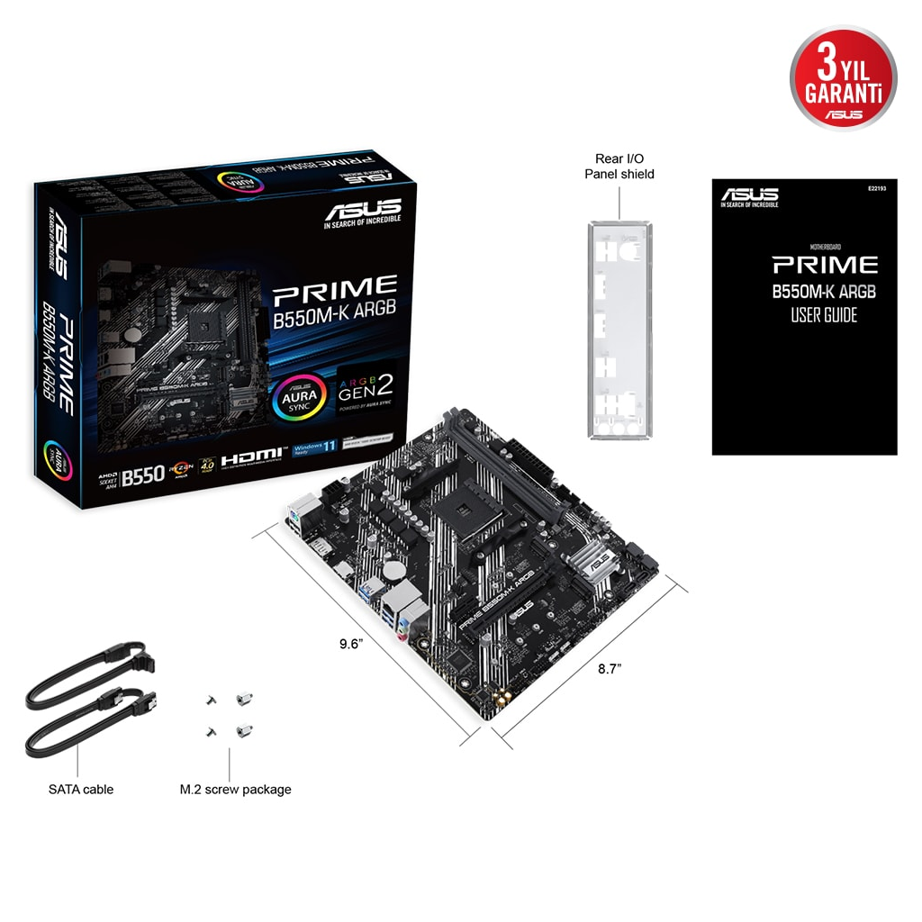 ASUS PRIME B550M-K ARGB, 2xDDR4, 2x M.2, DP, HDMI, AM4 Soket Anakart