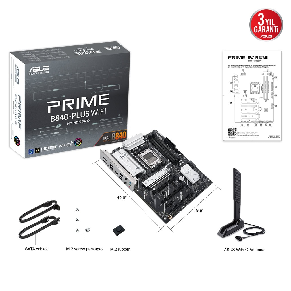ASUS PRIME B840-PLUS WI-FI, 4xDDR5, 3x M.2, HDMI, DP, Type-C, WI-FI 6E, Bluetooth 5.3, AMD Ryzen 9000 Serisi, AM5 Soket Anakart