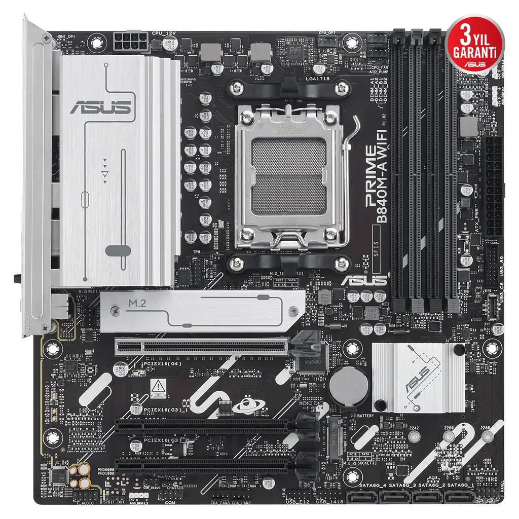 ASUS PRIME B840M-A WI-FI, 4xDDR5, 3x M.2, HDMI, 2x DP, Type-C, WI-FI 6E, Bluetooth 5.3, AMD Ryzen 9000 Serisi, AM5 Soket Anakart