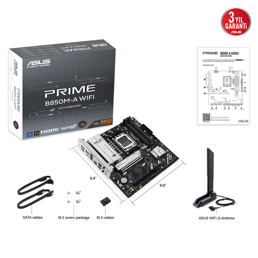 ASUS PRIME B850M-A WIFI, 4xDDR5, 3xM.2, 2xDP, HDMI, Type-C, Wi-Fi 6, Bluetooth 5.3, AM5 Soket Anakart