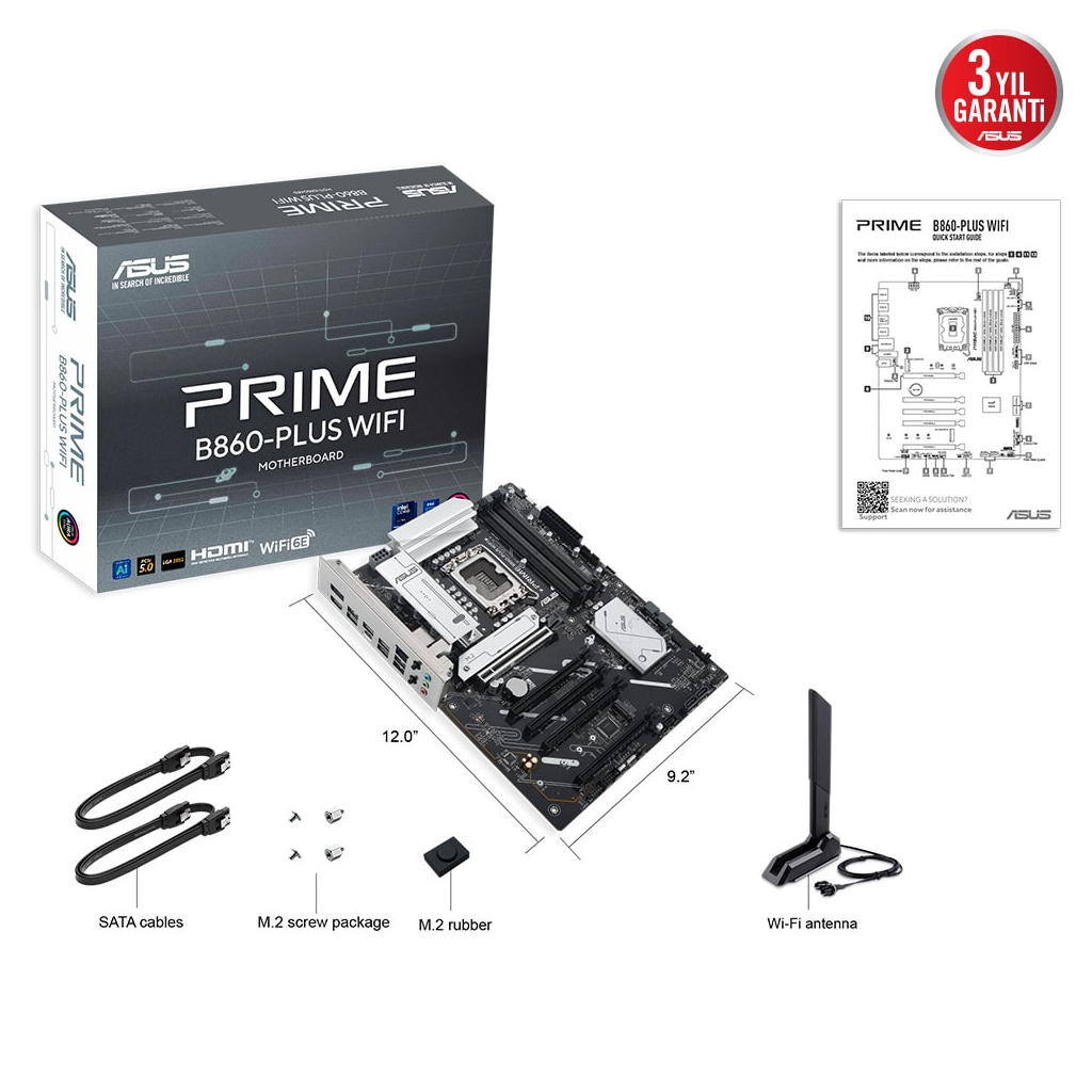 ASUS PRIME B860-PLUS WIFI, 4xDDR5, 2x M.2, HDMI, DP, Wi-Fi 6E, Bluetooth v5.3, Intel Core Ultra CPU(Seri 2), LGA1851 Soket, Gaming Anakart