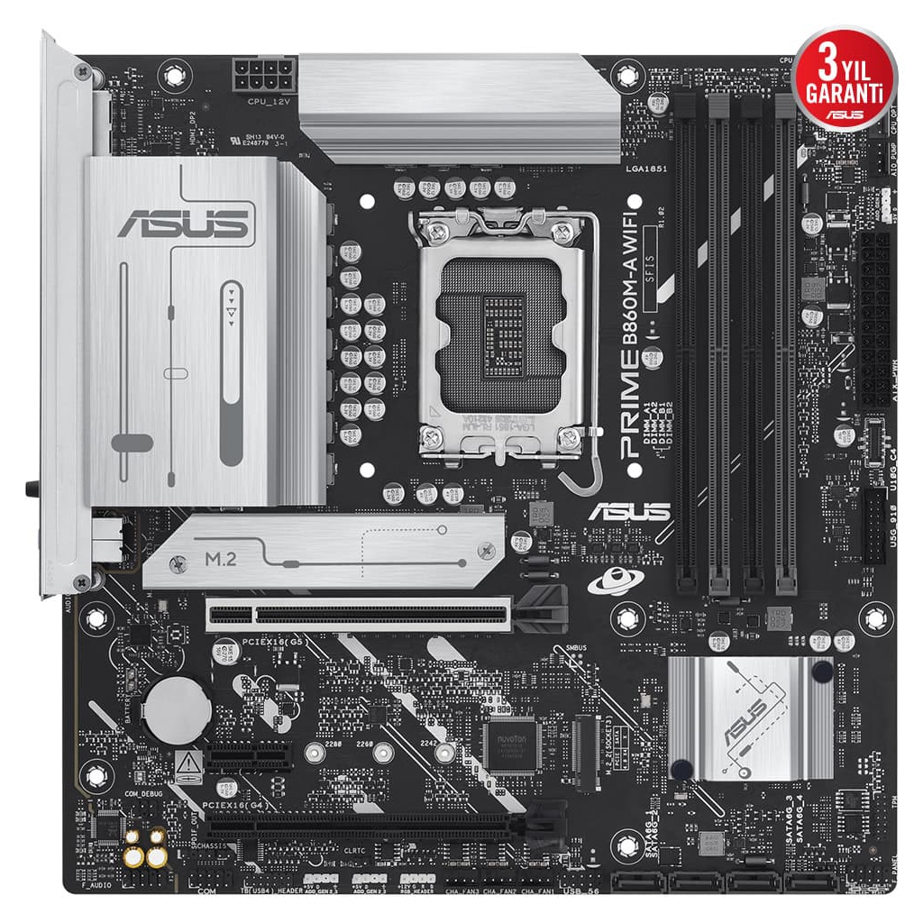 ASUS PRIME B860M-A WI-FI, 4xDDR5 2x M.2, HDMI, 2xDP, Wİ-Fİ 6E, Bluetooth v5.3, Type-C, Intel Core Ultra CPU(Seri 2), LGA1851 Soket Anakart