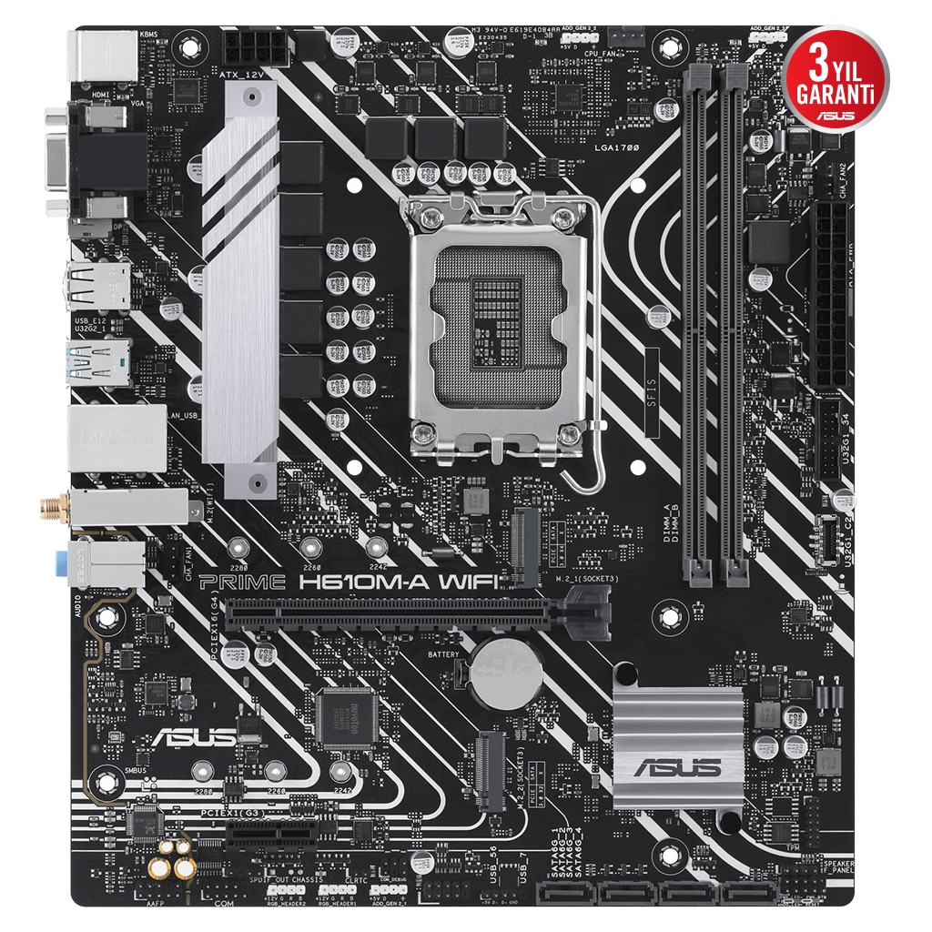 ASUS PRIME H610M-A-WIFI, 2xDDR5, M.2, D-SUB, HDMI, DP, Wi-Fi 5, Bluetooth 5.0, 12.Nesil, LGA1700 Soket, Anakart