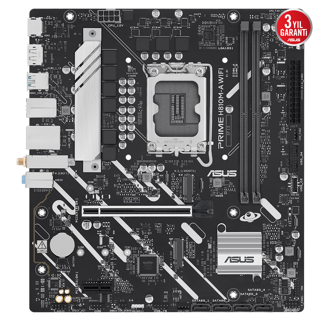 ASUS PRIME H810M-A WIFI, 2xDDR5, 2x M.2, HDMI, DP, Wi-Fi 6, Bluetooth 5.3, Intel Core Ultra CPU(Seri 2), LGA1851 Soket, ATX Anakart
