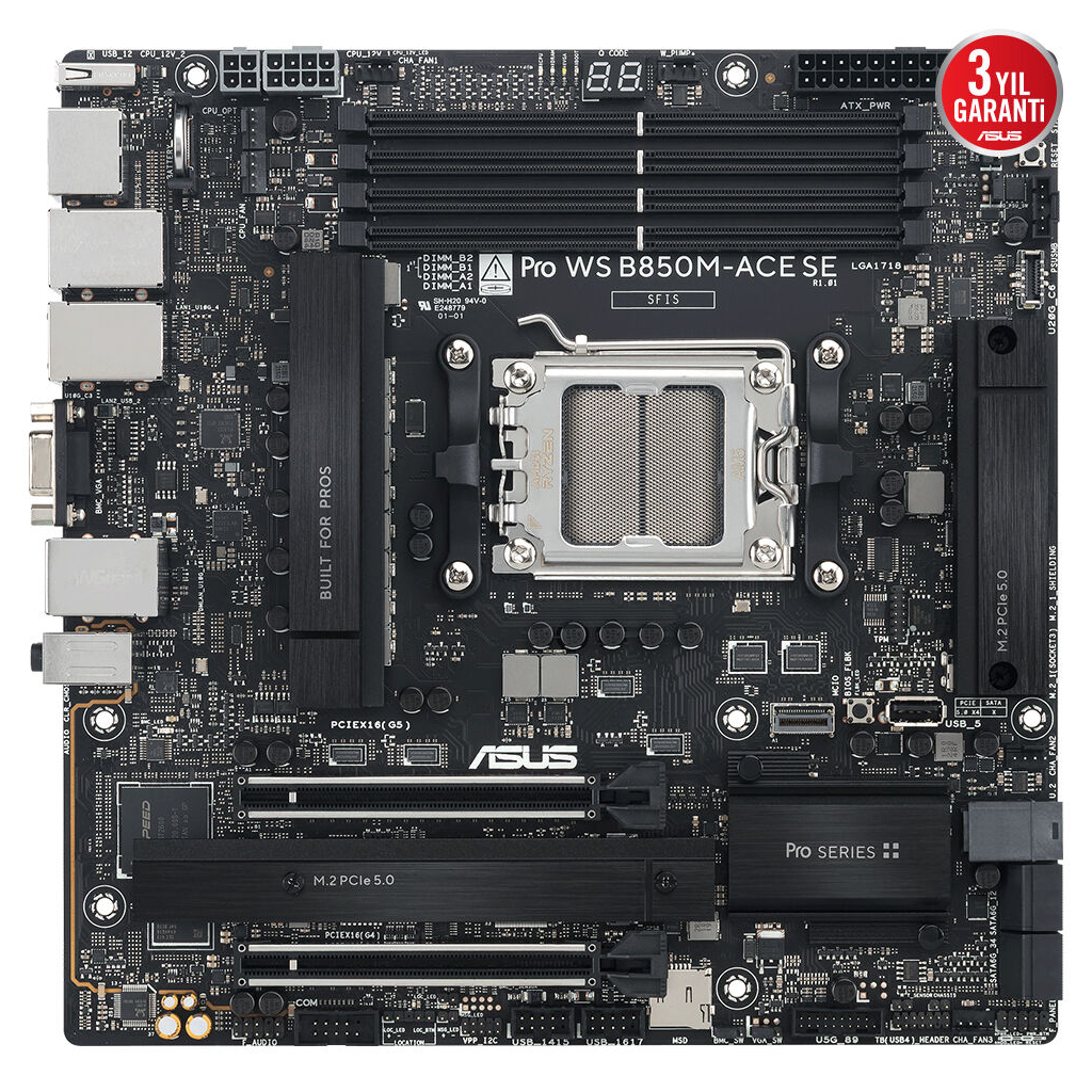 ASUS PRO WS B850M-ACE SE, 4xDDR5, 2xM.2, HDMI, DP, Type-C, D-SUB, PCIe 5.0, AM5 Soket Micro-ATX Anakart