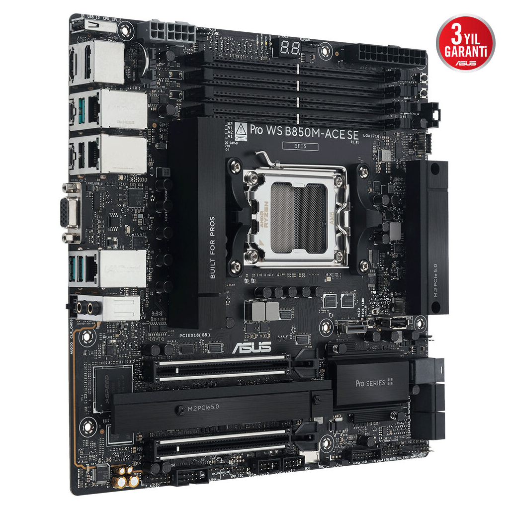 ASUS PRO WS B850M-ACE SE, 4xDDR5, 2xM.2, HDMI, DP, Type-C, D-SUB, PCIe 5.0, AM5 Soket Micro-ATX Anakart
