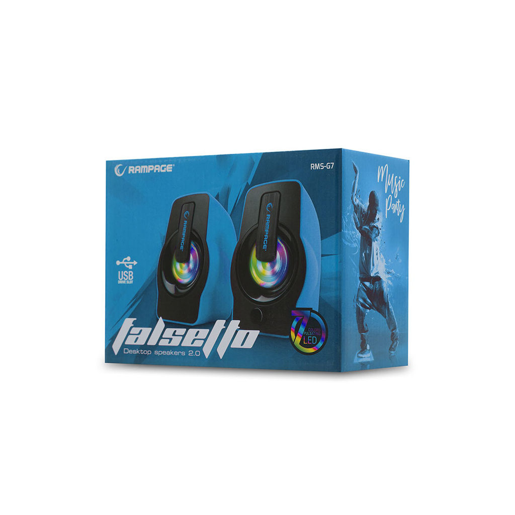 RAMPAGE RMS-G7 FALSETTO, 6W, 1+1, Masaüstü, RGB Aydınlatma, USB, Mavi Kasa, Speaker