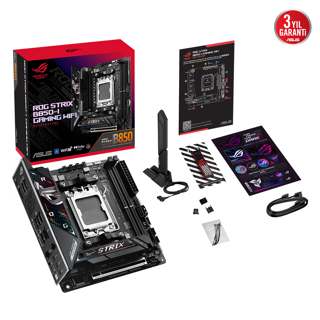 ASUS ROG STRIX B850-I GAMING WIFI, 2xDDR5, 2xM.2, HDMI, DP, Type-C, Wi-Fi 7, Bluetooth v5.4, Mini ITX, AM5 Soket GAMING Anakart