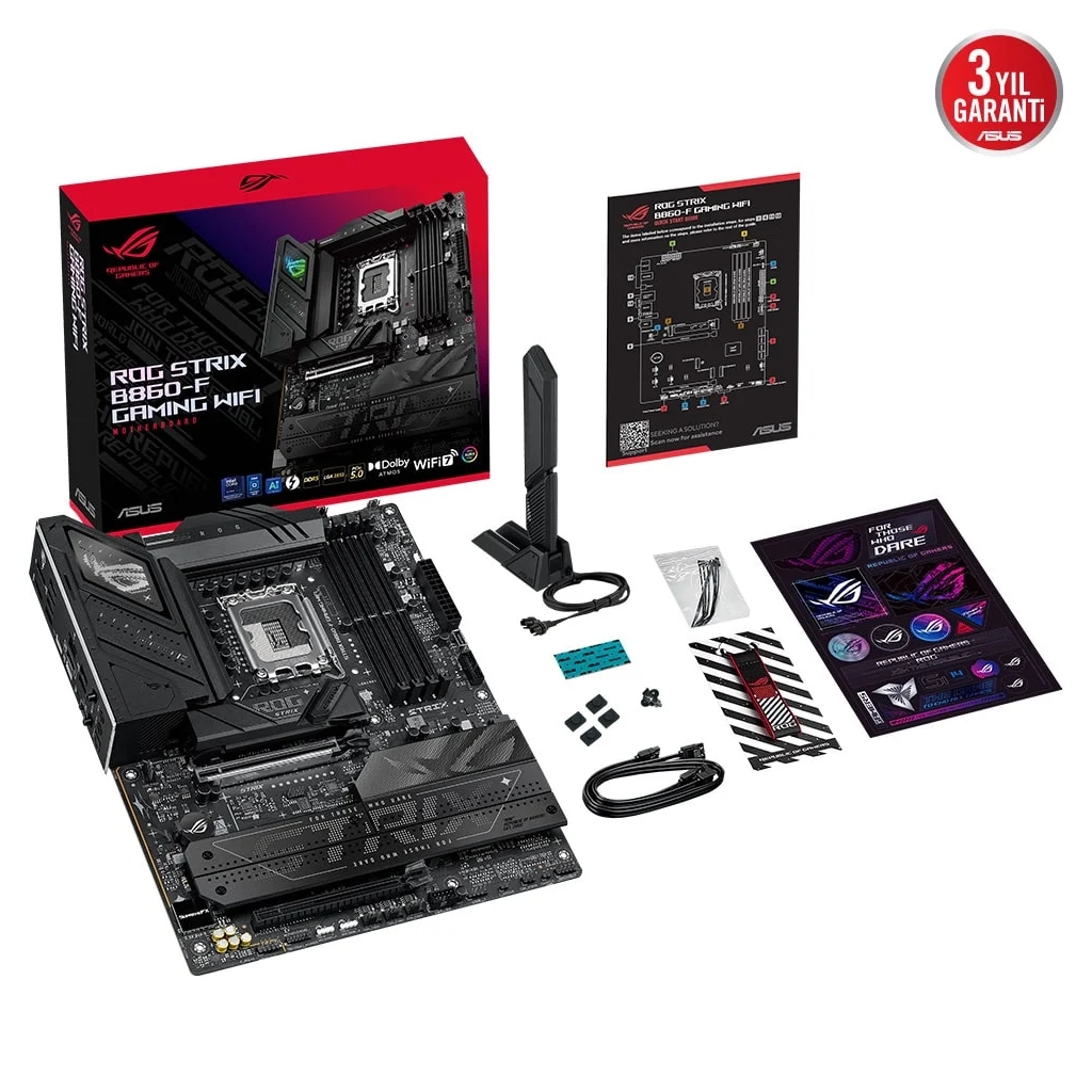 ASUS ROG STRIX B860-F GAMING WIFI, 4xDDR5, 4xM.2, HDMI, DP, Type-C, Wi-Fi 7, Bluetooth v5.4, Intel Core Ultra CPU(Seri 2), LGA1851 Soket, Gaming Anakart