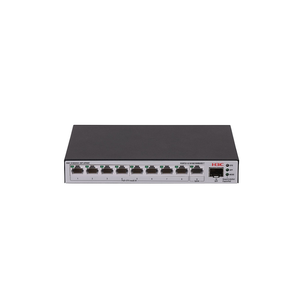 H3C S1600V2-10P-HPWR, 8 Port, GigaBit, PoE 125W, L2, 1 Port GigaBit Uplink, 1 Port GigaBit SFP, Web Yönetilebilir, Masaüstü Switch
