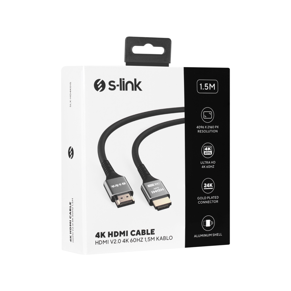 S-LINK SLX-HD4K015, 4K UHD, HDMI v2.0, 1.5mt. 60Hz. Metal Uçlu, Kablo