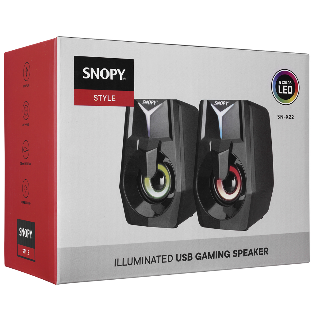 SNOPY SN-X22 STYLE, 6W, 1+1, Masaüstü, USB, RGB Aydınlatma, Siyah Kasa, Speaker