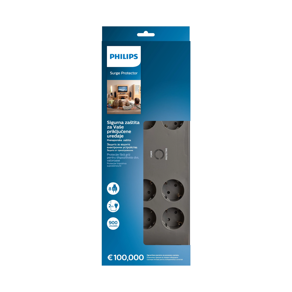 PHILIPS SPN3180A/62, 8 Soket, Akım Korumalı Priz, 2400 Joules, 2Mt Kablo, (Gri)