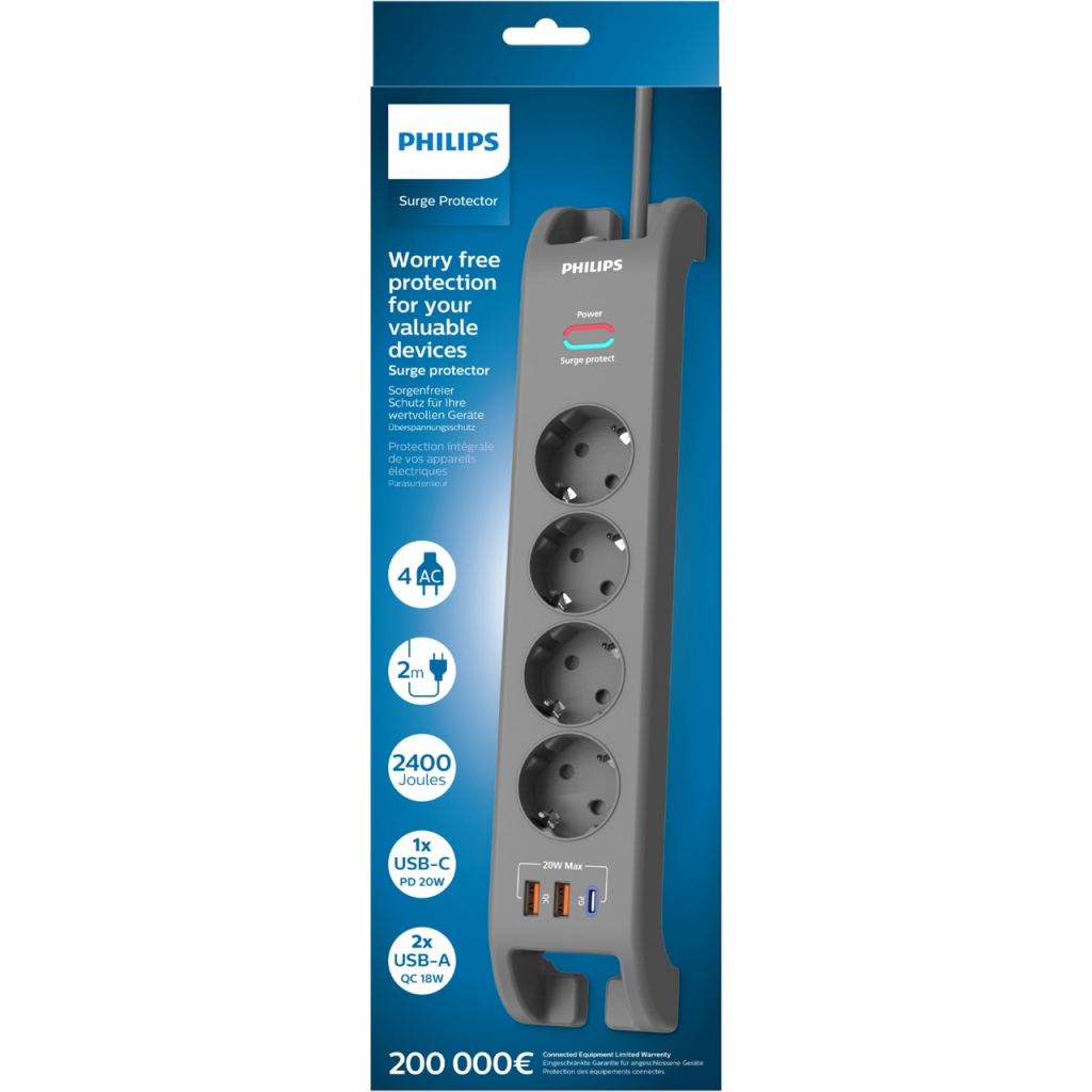 PHILIPS SPN4140GA/62, 4 Soket, Akım Korumalı Priz, 2400 Joules, 2Mt Kablo, 1xUsb-C PD 20W Hızlı Şarj, 2xUsb-A QC 18W, (Gri)