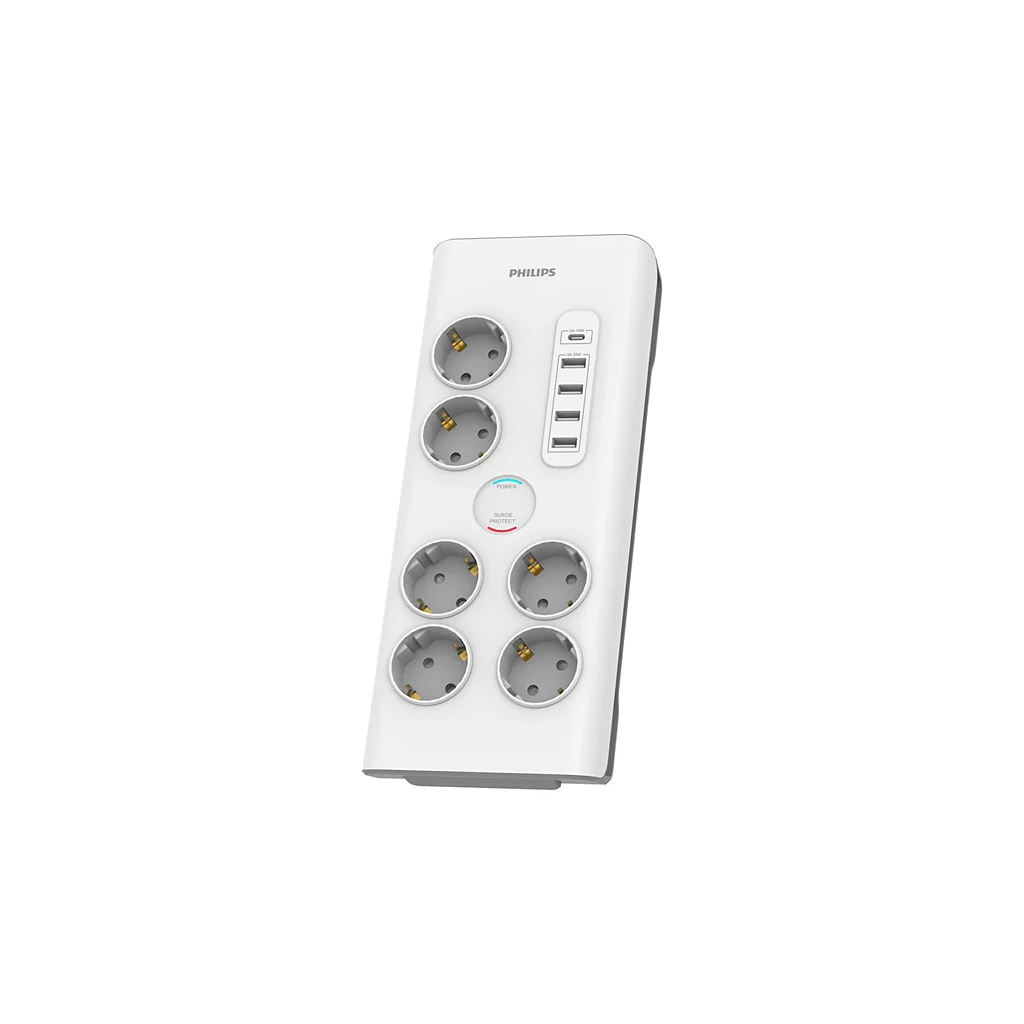 PHILIPS SPN7060WA/62, 6 Soket, Akım Korumalı Priz, 900 Joules, 2Mt Kablo, 1xUsb-C 15W Şarj, 4xUsb-A 20W, (Beyaz)