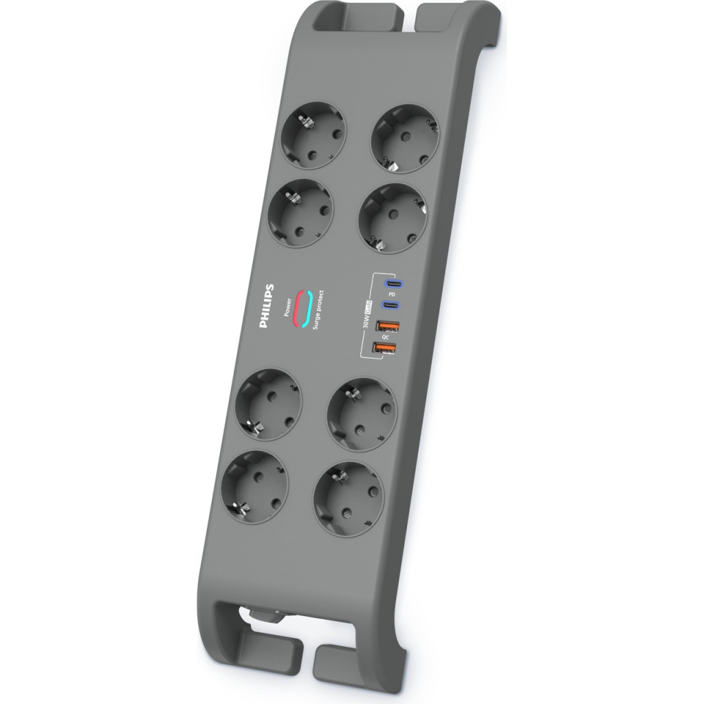 PHILIPS SPN8180GA/62, 8 Soket, Akım Korumalı Priz, 2400 Joules, 2Mt Kablo, 2xUsb-C PD 20W Hızlı Şarj, 2xUsb-A QC 18W, (Gri)